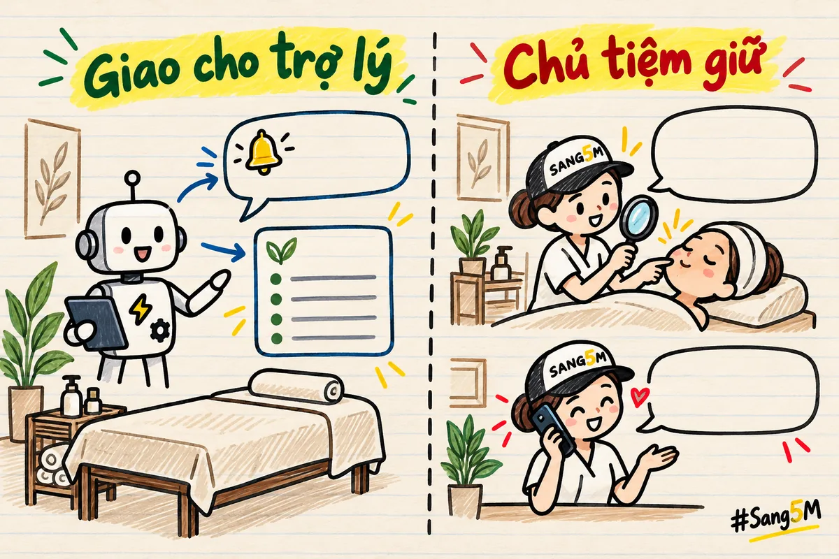 Tiệm spa chia hai cột: robot soạn tin nhắc lịch và bảng giá, chủ tiệm giữ lời khuyên về da và cuộc gọi xin lỗi.