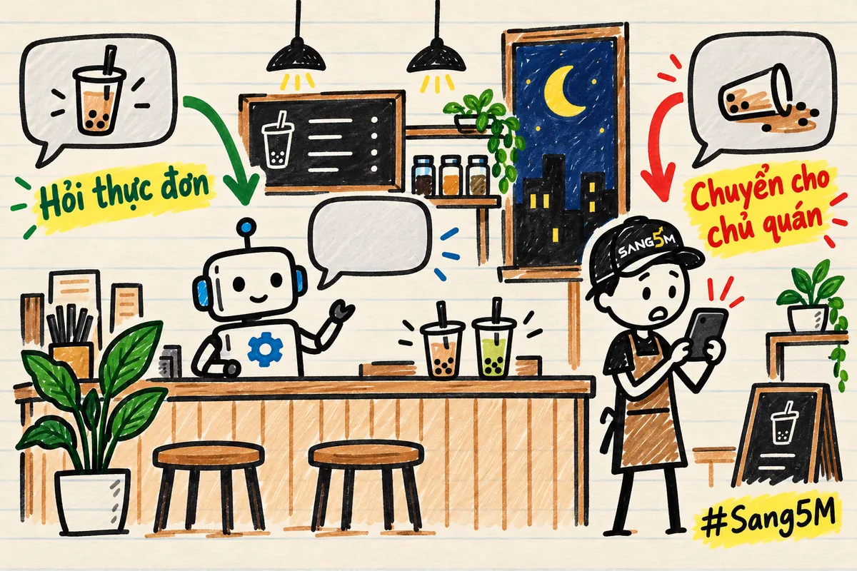 Quán trà sữa buổi tối: robot trả lời tin hỏi thực đơn, tin khách báo ly bị đổ được chuyển sang chủ quán.