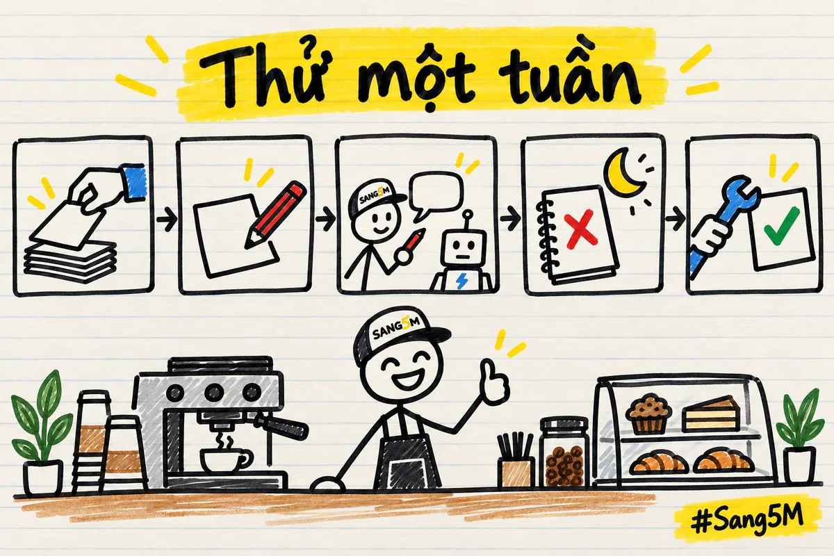 Dải lịch năm chặng ở quán cà phê: chọn một việc, viết lời dặn, đọc từng câu, ghi lỗi mỗi tối, sửa lời dặn cuối tuần.