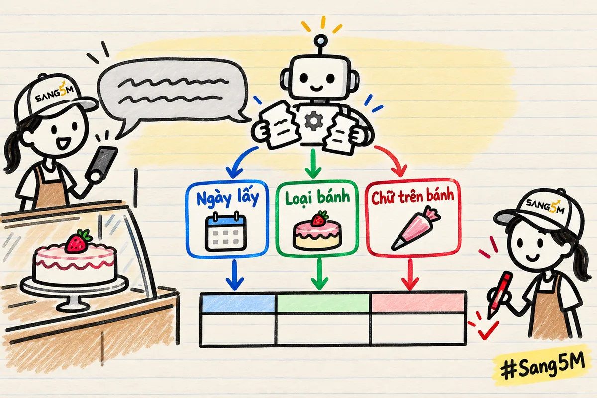 Tiệm bánh: tin đặt bánh viết tự do được robot tách thành ngày lấy, loại bánh, chữ trên bánh, chủ tiệm cầm bút đỏ đọc lại.