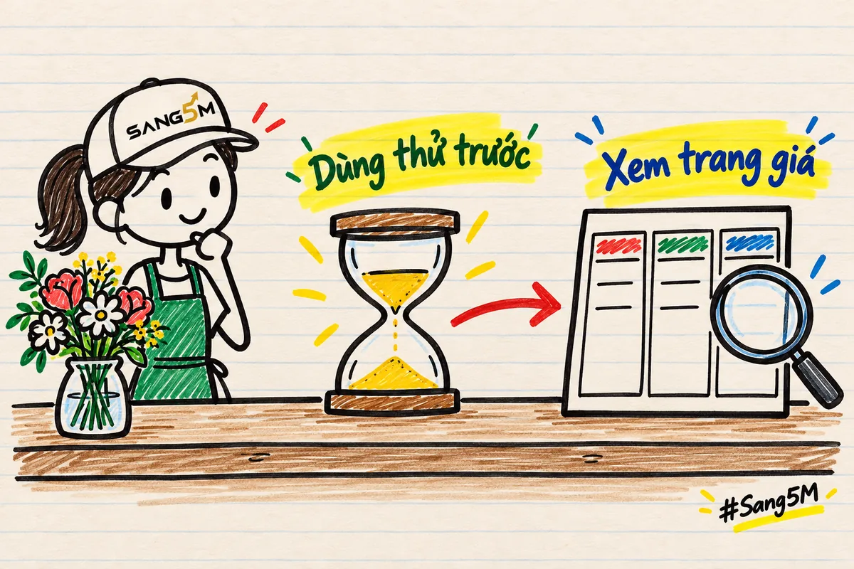Tờ bảng giá vẽ tay có ba cột để trống, đồng hồ cát và bó hoa trên quầy, nhắc dùng thử trước rồi xem trang giá.