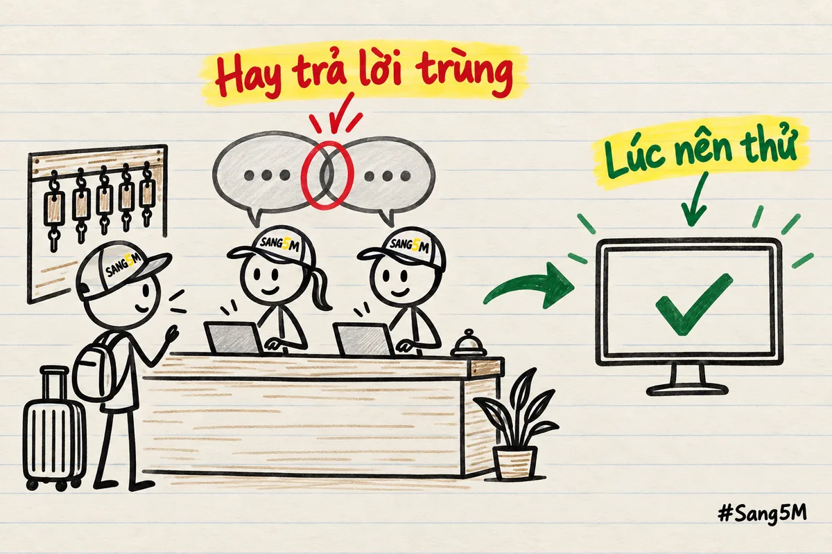 Chùm chìa khoá nhà nghỉ bên hai tin nhắn trả lời trùng một khách có dấu đỏ, lúc nên thử gom tin về một chỗ.