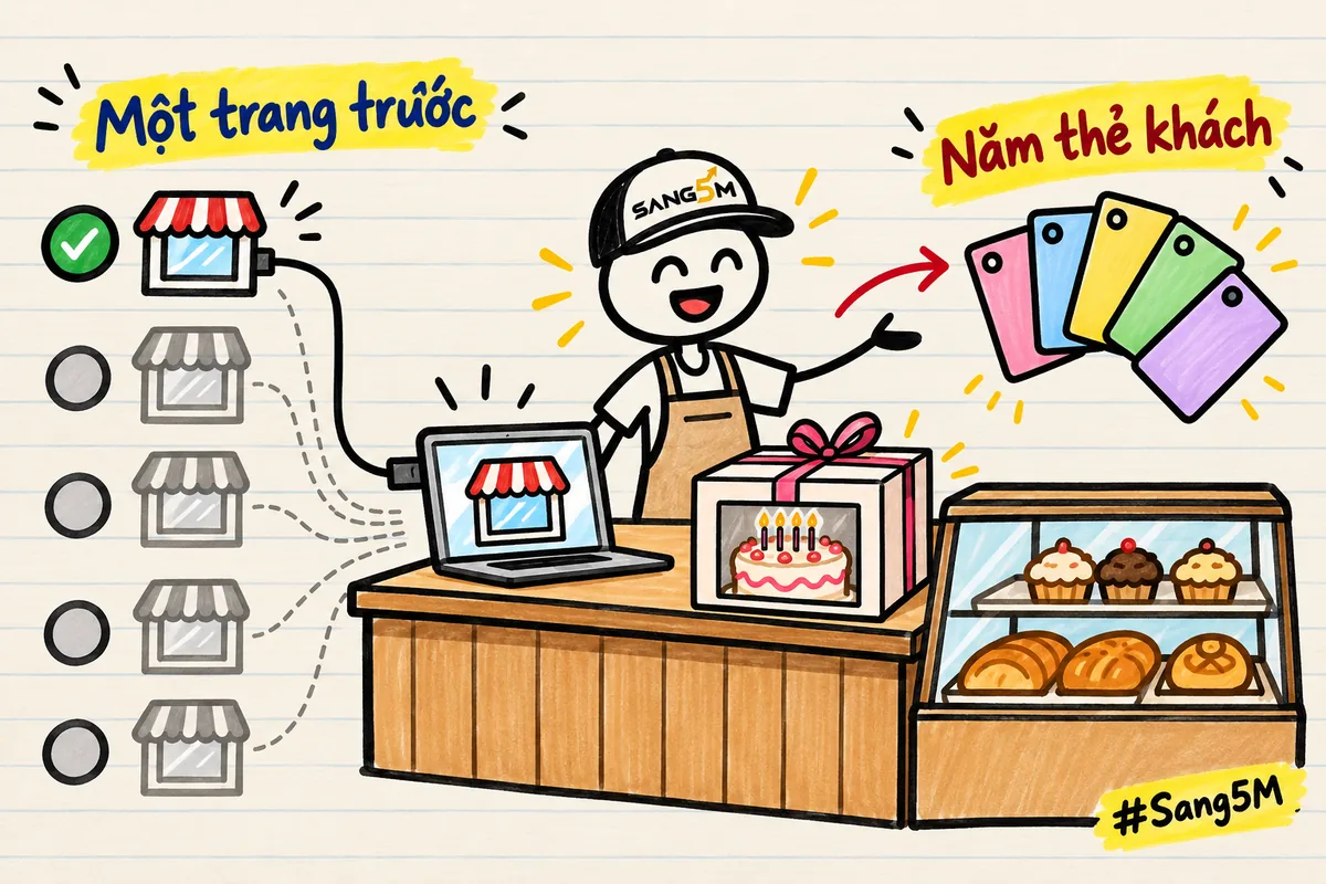Năm cửa hàng nhỏ xếp dọc, chỉ cửa hàng đầu được nối và đánh dấu, chủ tiệm bánh bên hộp bánh sinh nhật và năm thẻ màu.