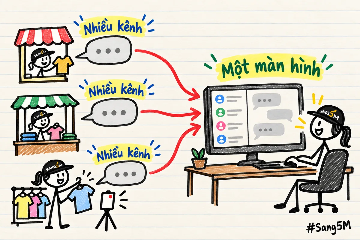 Kệ quần áo, điện thoại đang phát trực tiếp và ba bong bóng tin nhắn từ ba phía chảy về một màn hình chung.