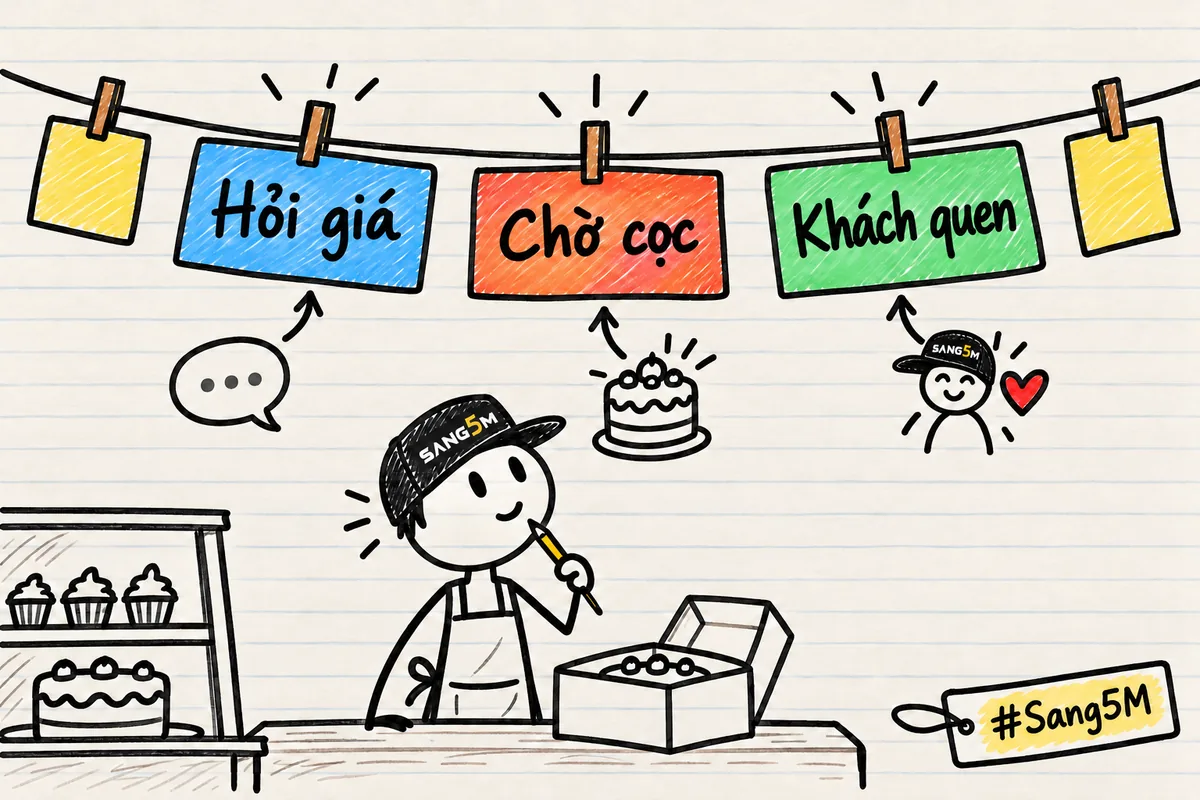 Năm thẻ nhãn màu treo trên sợi dây, ba thẻ nổi bật ghi hỏi giá, chờ cọc và khách quen của tiệm bánh.