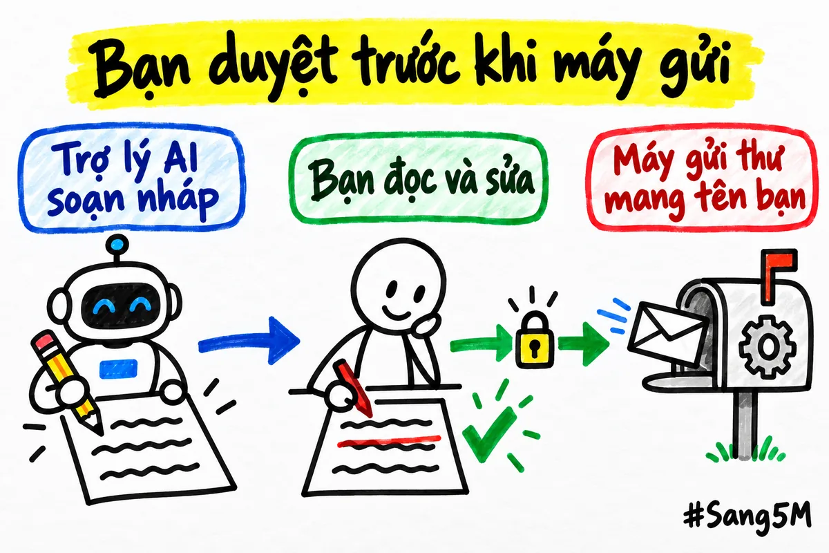 Trợ lý AI soạn nháp thư, bạn đọc và sửa, chỉ khi bạn duyệt xong thì máy mới gửi thư mang tên bạn.