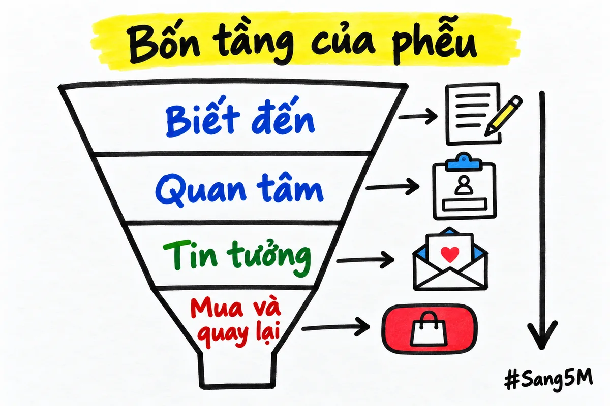 Bốn tầng của phễu xếp từ trên xuống gồm biết đến, quan tâm, tin tưởng, rồi mua và quay lại.