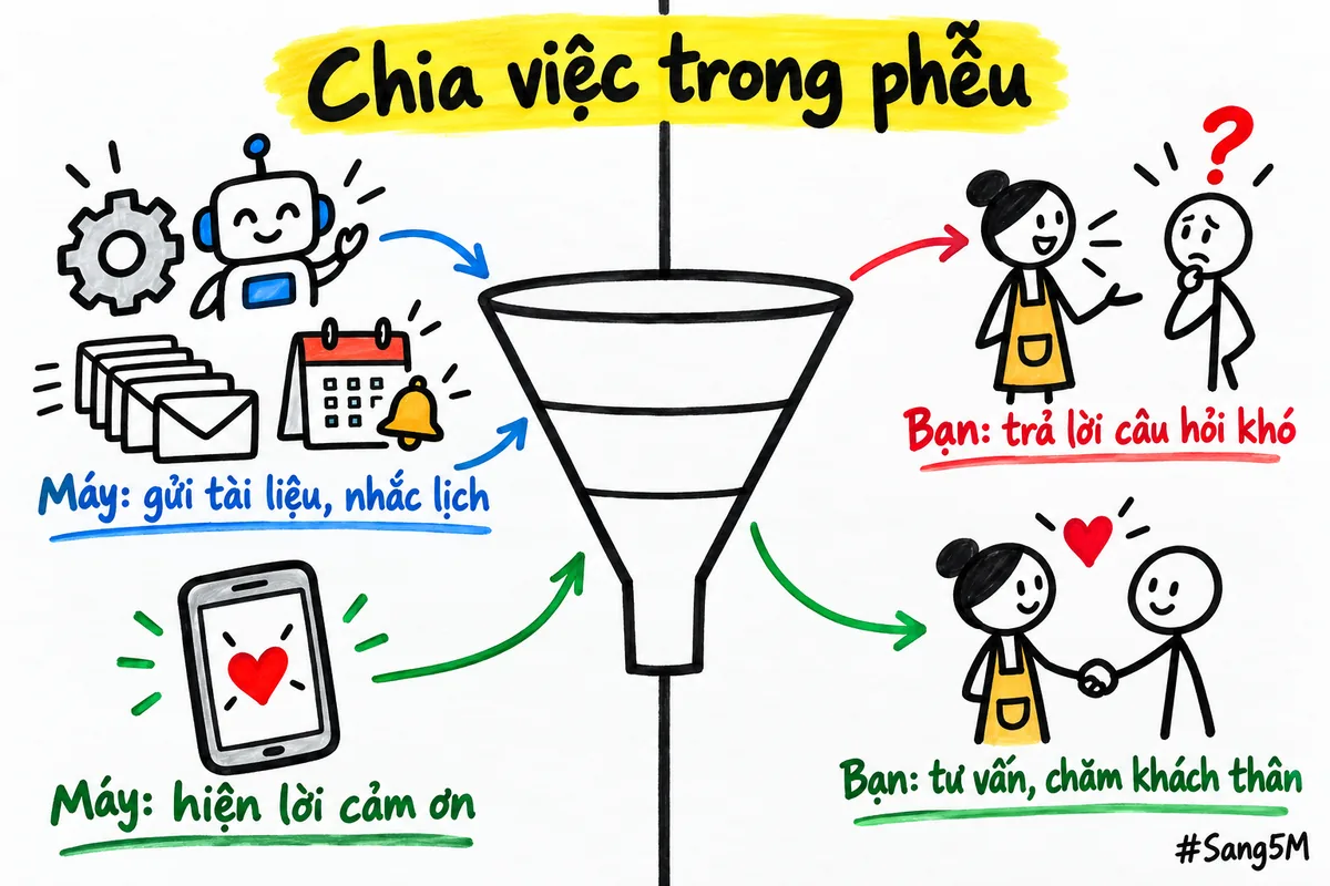 Chia việc trong phễu: máy lo phần lặp lại, người giữ phần cần phán đoán.