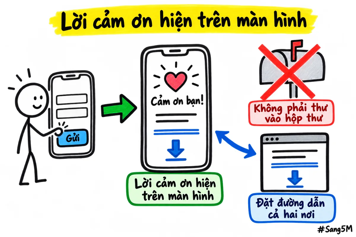 Lời cảm ơn kèm đường dẫn tải tài liệu, hiện ngay trên màn hình sau khi khách gửi phiếu.