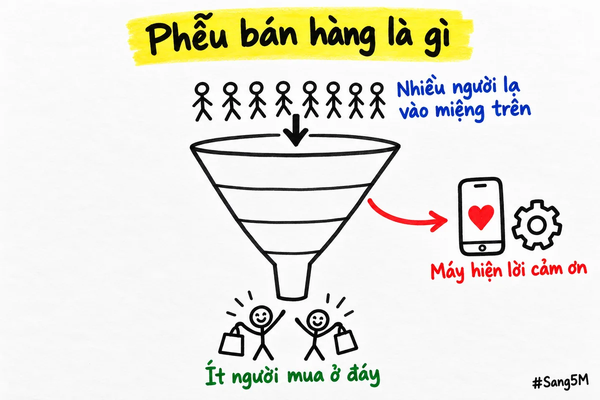 Phễu bán hàng vẽ như phễu rót dầu, miệng trên rộng đón người lạ, đáy dưới hẹp còn người mua.