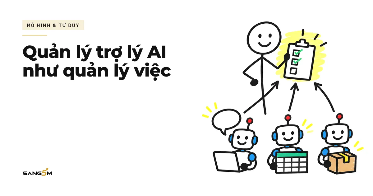 Ba trợ lý robot lo máy tính, bảng tính và hộp hàng, mũi tên dẫn lên người cầm bảng việc có dấu tích