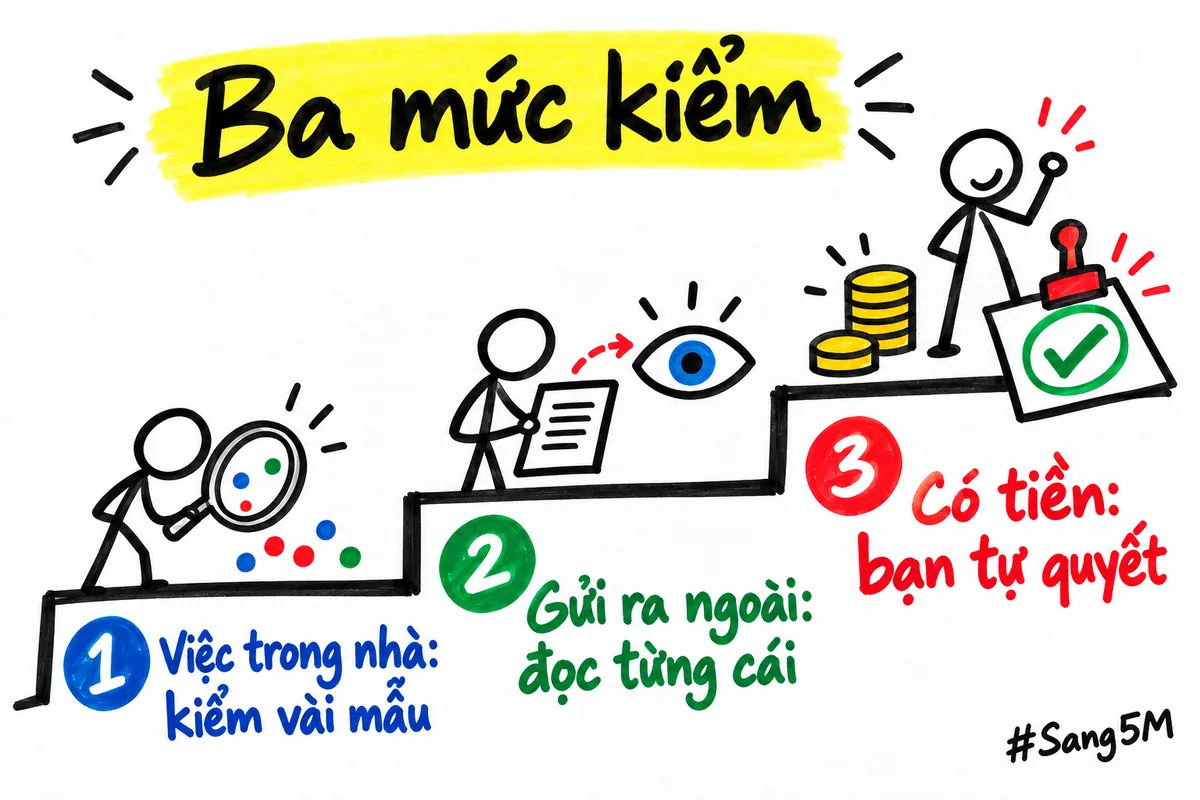 Ba bậc thang kiểm kết quả, việc trong nhà kiểm vài mẫu, việc gửi ra ngoài đọc từng cái, việc có tiền bạn tự quyết.