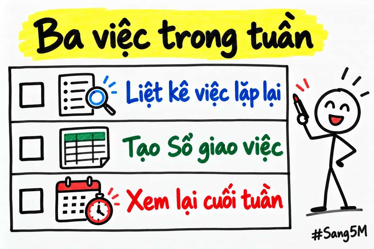 Ba việc làm trong tuần: liệt kê việc lặp lại, tạo sổ giao việc trên Google Sheets, cuối tuần xem lại.