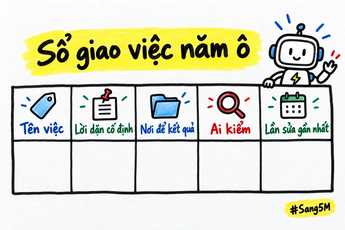 Một hàng của sổ giao việc gồm năm ô là tên việc, lời dặn, nơi để kết quả, người kiểm và lần sửa gần nhất.