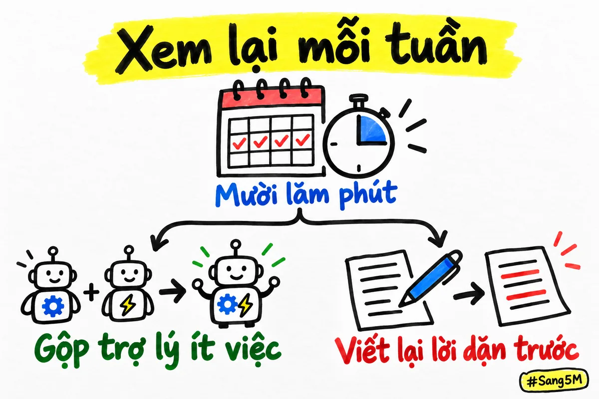 Mỗi tuần xem lại sổ mười lăm phút, gộp trợ lý ít việc và viết lại lời dặn trước khi tính chuyện dừng.