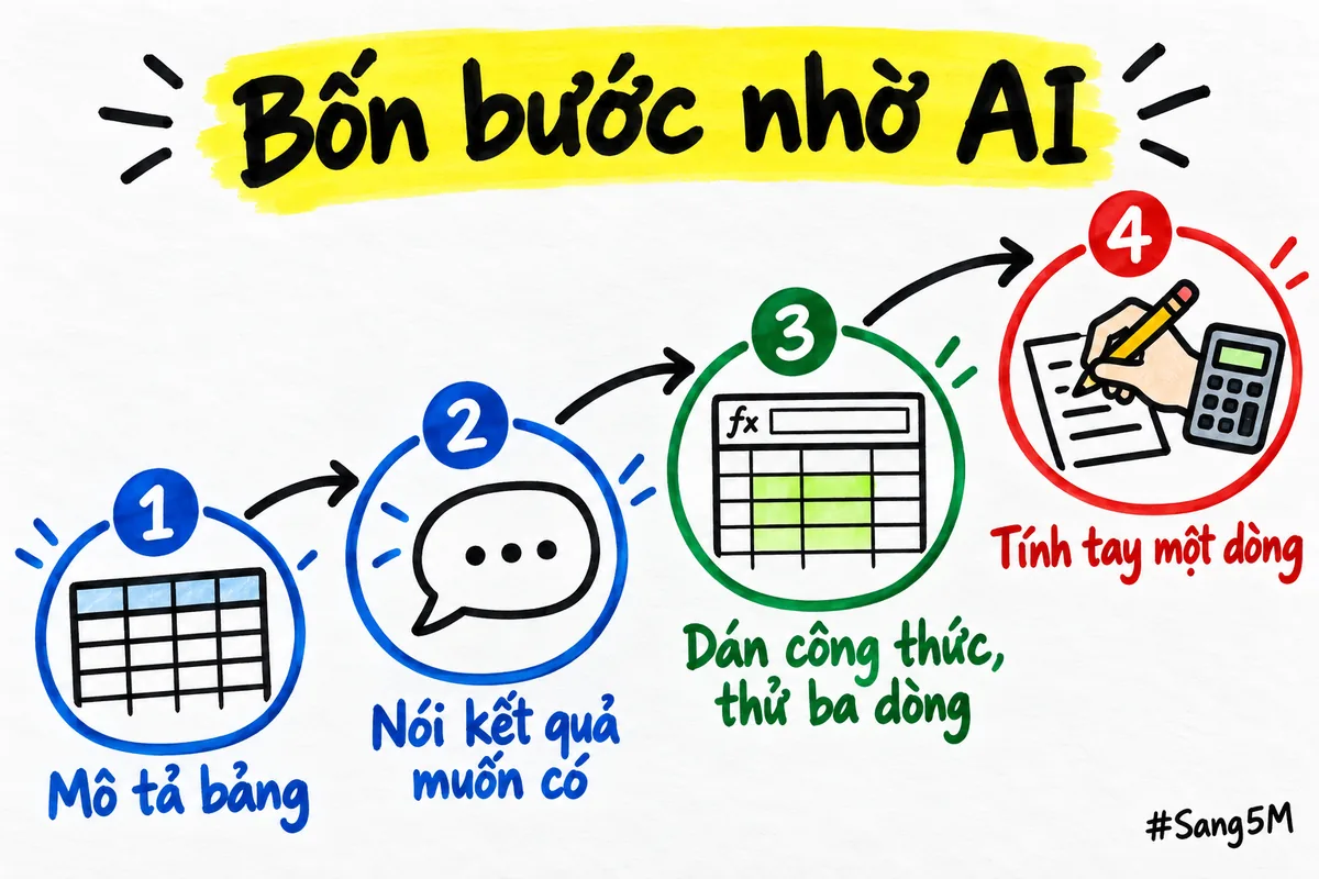 Bốn bước nối nhau để nhờ AI viết công thức cho bảng tính, từ mô tả bảng đến tự tính tay.