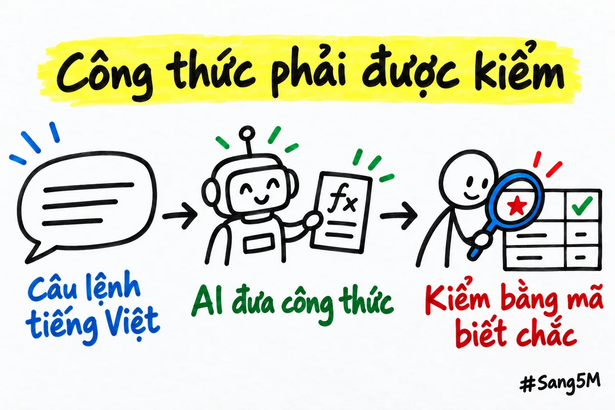 Câu lệnh tiếng Việt đi vào AI, ra công thức, rồi người dùng kiểm lại bằng một mã đã biết chắc.