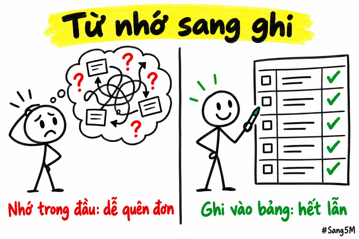 Hai khung đối lập: nhớ đơn trong đầu dễ quên, ghi đơn vào bảng tính thì hết lẫn.