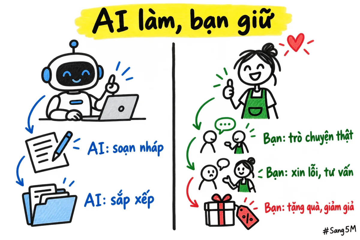 Hai cột đối diện nhau: việc AI làm giúp như soạn nháp, sắp xếp và việc người bán giữ như trò chuyện, tư vấn, quyết định.
