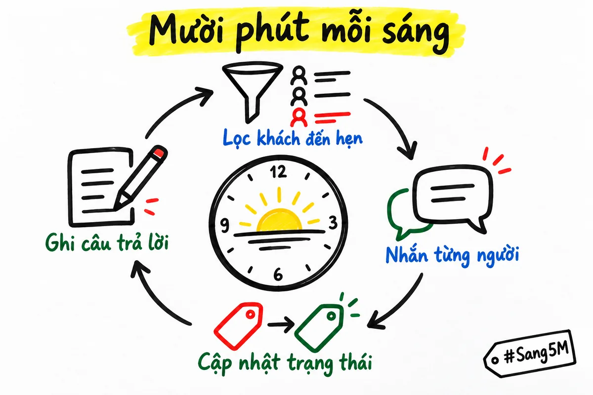 Vòng bốn việc mỗi sáng trong mười phút: lọc khách đến hẹn, nhắn, cập nhật trạng thái và ghi lại câu trả lời.