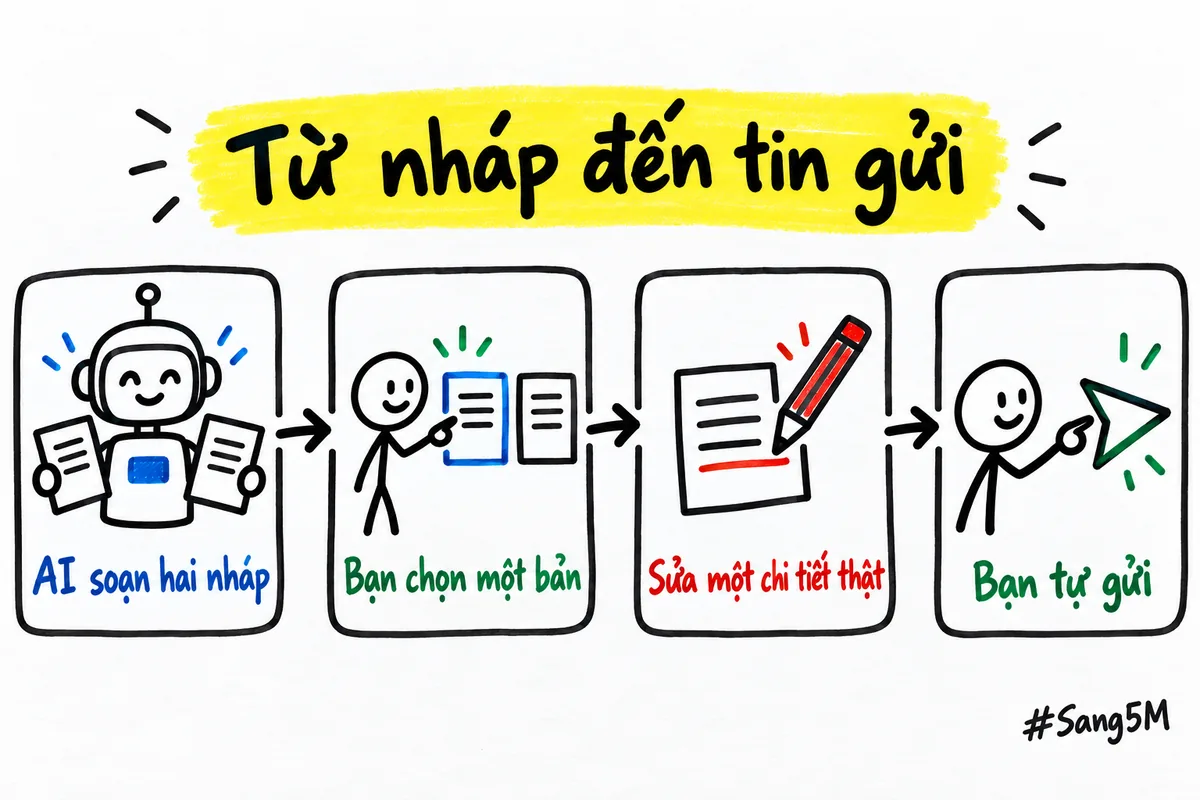 AI soạn hai bản nháp, người bán chọn một bản, sửa một chi tiết thật về khách rồi tự tay gửi đi.