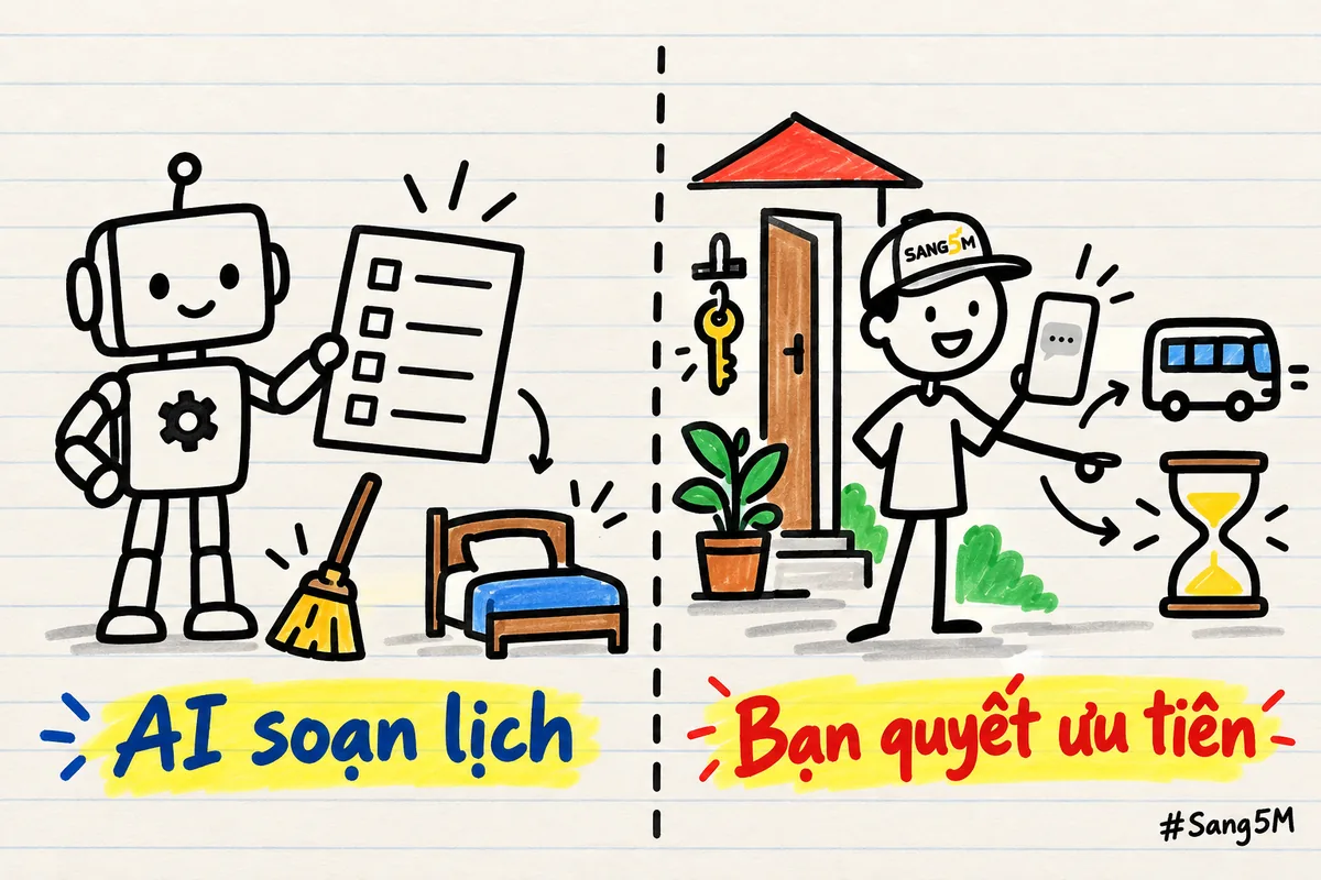 Hai cột vẽ tay: trái là robot cầm danh sách dọn phòng cạnh giường, phải là chủ nhà cho thuê phòng cầm điện thoại nhắn khách.