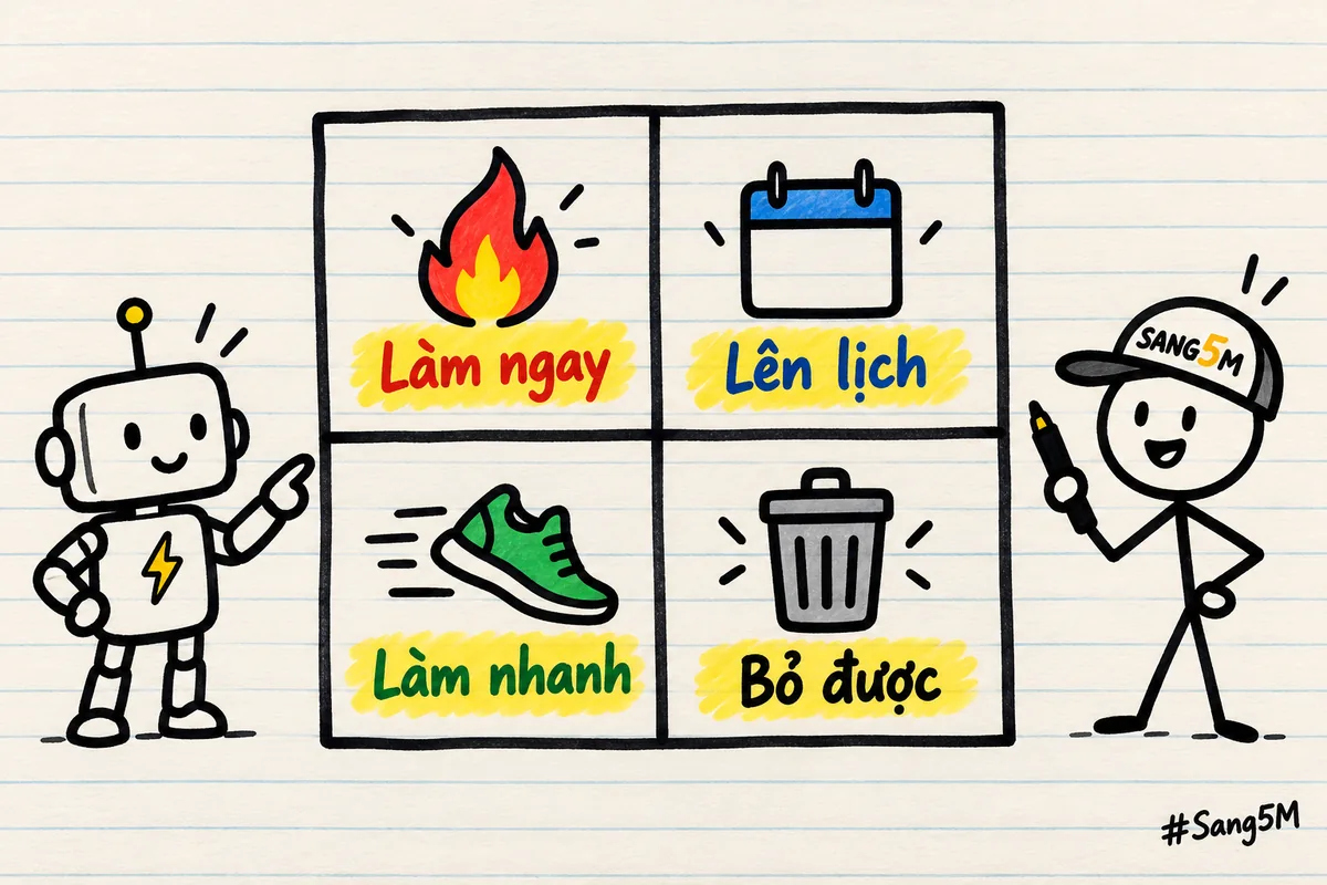 Bảng bốn ô vẽ tay chia việc theo mức gấp và quan trọng: làm ngay, lên lịch, làm nhanh và bỏ được, có robot chỉ tay.