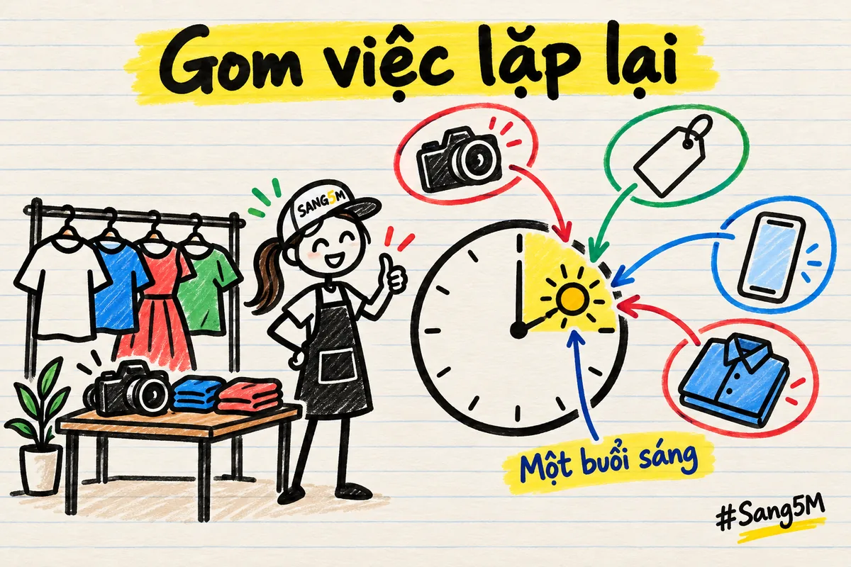 Kệ quần áo của cửa hàng thời trang, nhiều mũi tên từ các việc rải rác gom về một ô giờ buổi sáng trên đồng hồ.