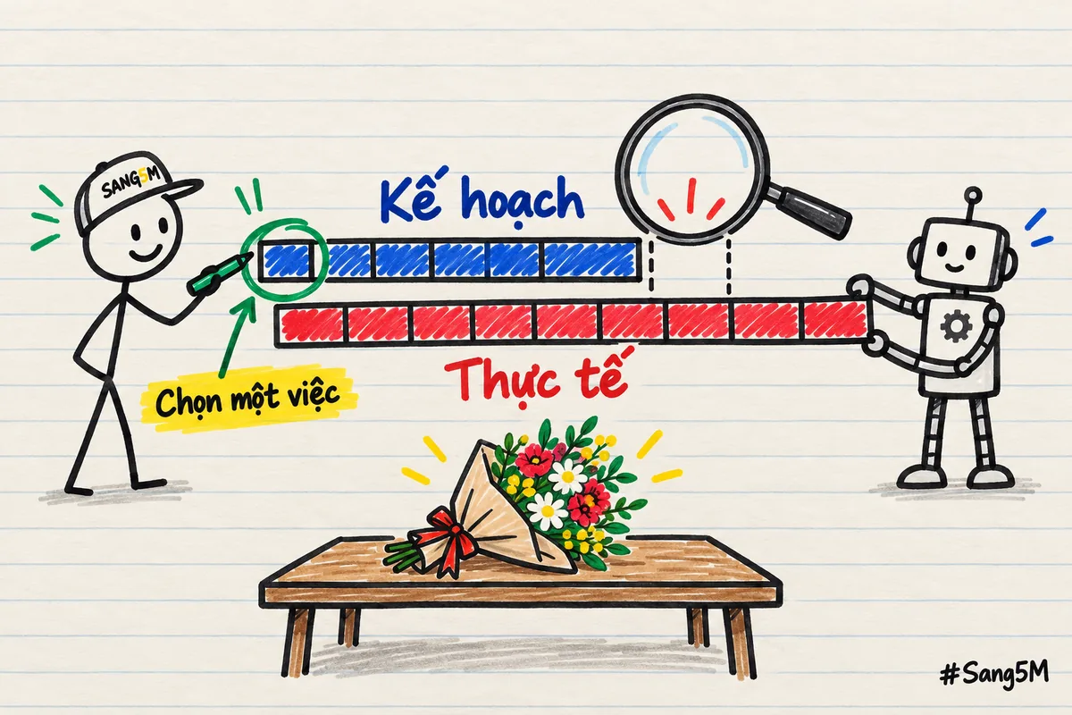 Hai thanh dài ngắn khác nhau ghi kế hoạch và thực tế trên bàn có bó hoa, kính lúp soi chỗ lệch, một việc được khoanh tròn.