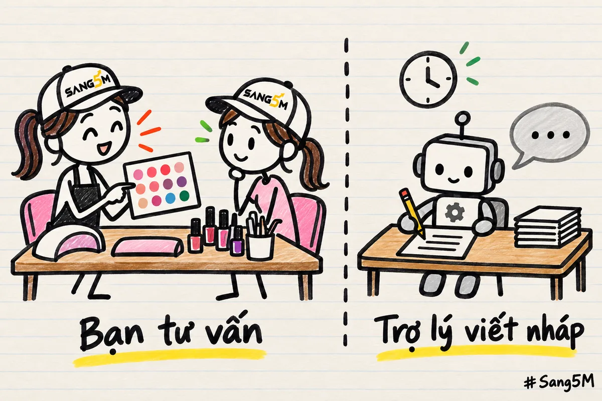 Bàn làm móng chia hai nửa: bên trái chủ tiệm đội nón SANG5M đưa bảng màu cho khách, bên phải robot nhỏ viết tin nhắc lịch.