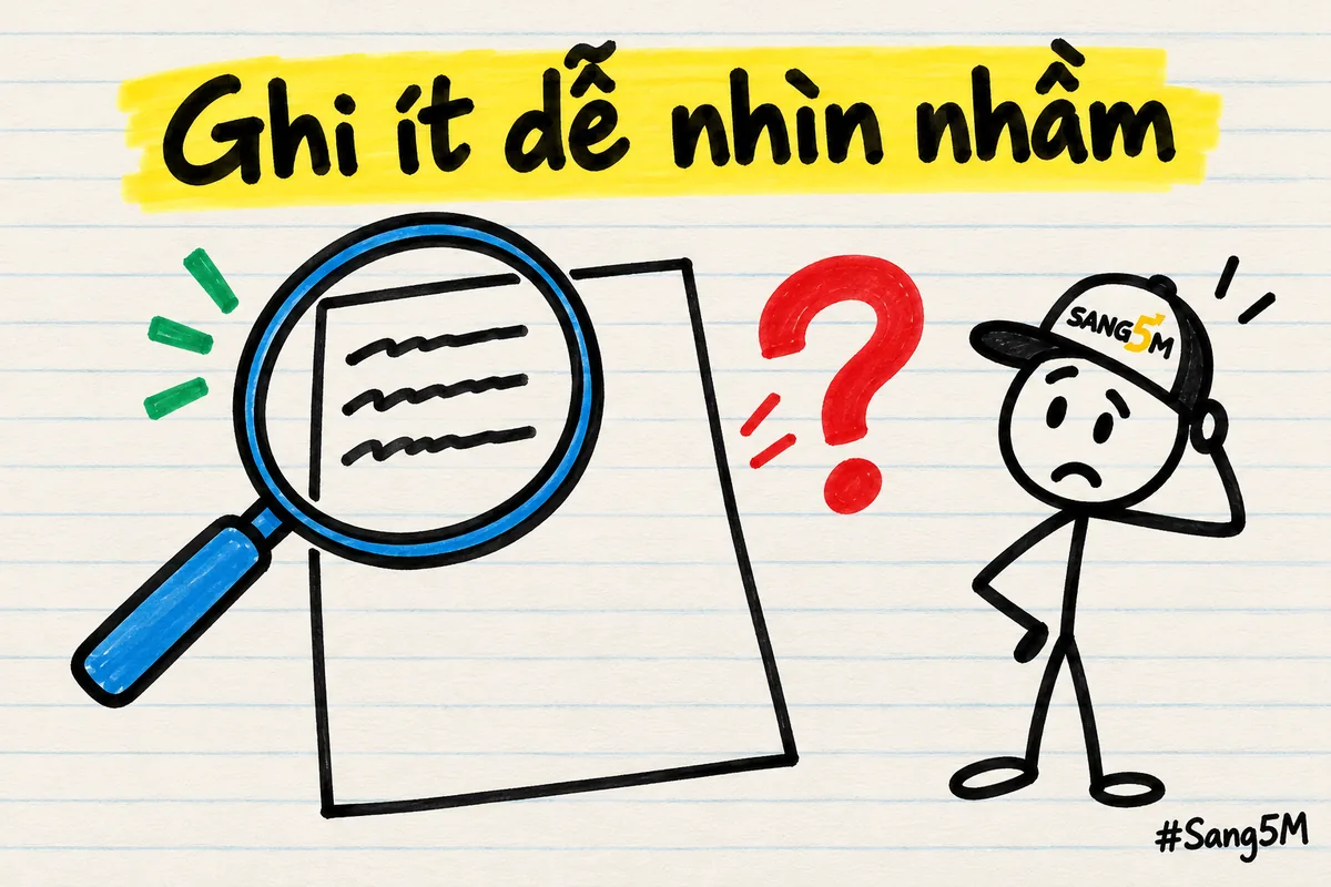Kính lúp soi tờ ghi chép chỉ có vài dòng, cạnh là dấu hỏi to màu đỏ, người que đội nón SANG5M gãi đầu.
