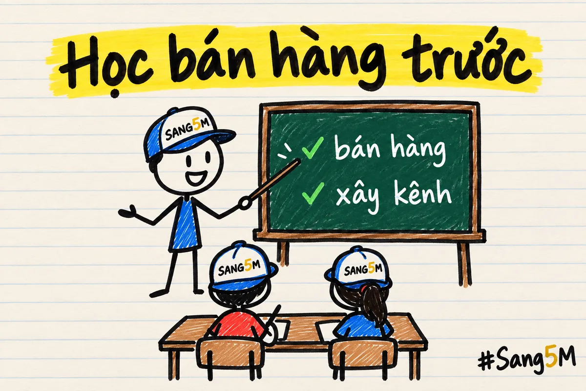 Lớp học nhỏ vẽ tay, bảng phấn xanh ghi chữ bán hàng và xây kênh, người que đội nón SANG5M cầm thước chỉ lên bảng.