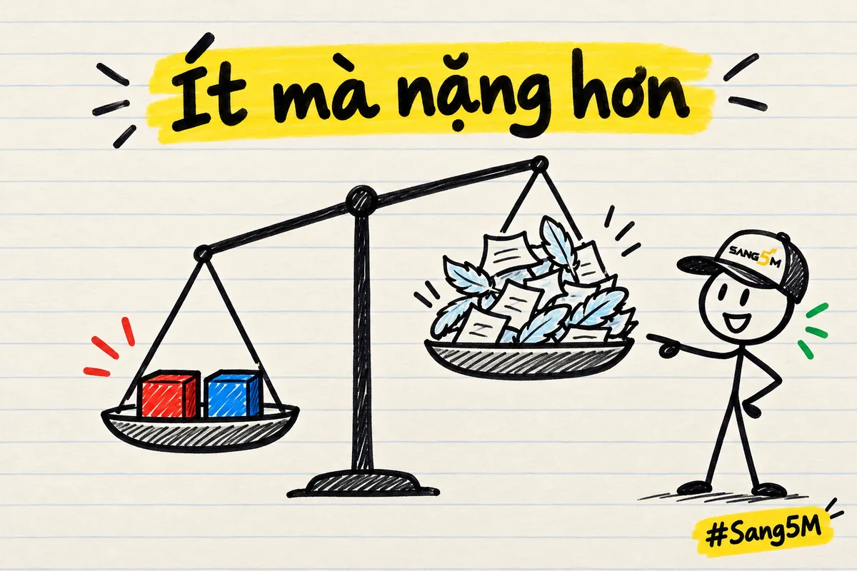 Chiếc cân hai đĩa vẽ tay, đĩa có ít đồ lại nghiêng thấp hơn đĩa chất nhiều đồ, người que đội nón SANG5M chỉ tay.