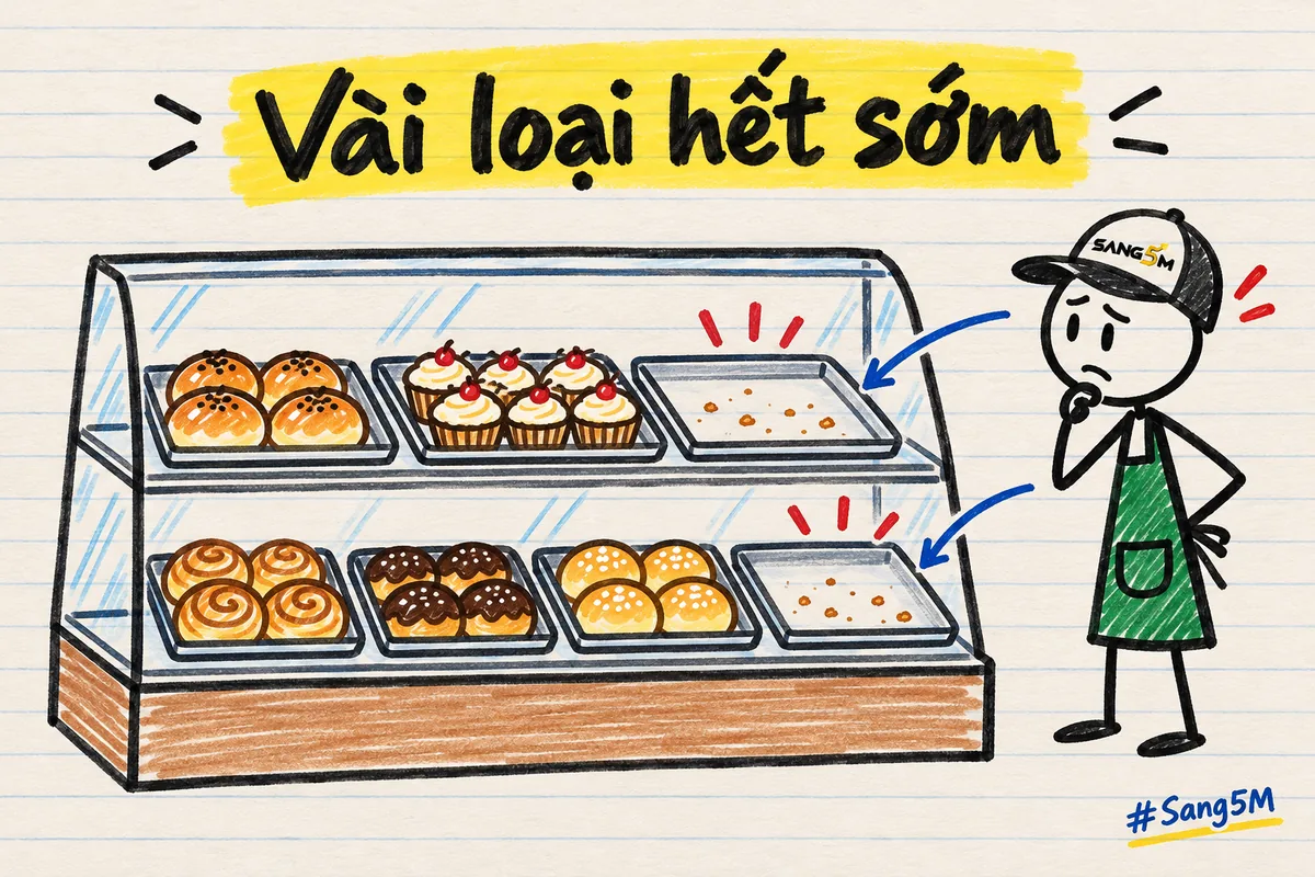 Tủ bánh vẽ tay có hai khay trống và nhiều khay còn đầy bánh, người que đội nón SANG5M đứng cạnh tủ nhìn vào.