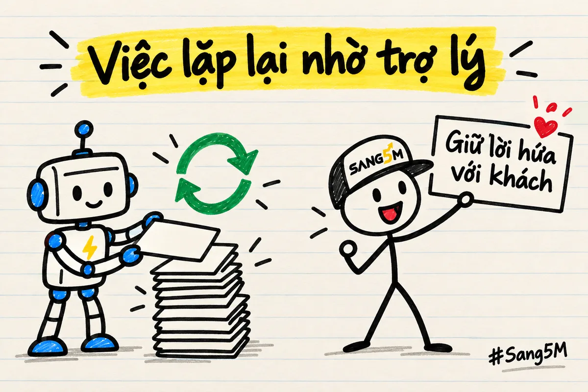 Robot nhỏ xếp gọn một chồng thẻ việc nhỏ, bên cạnh người que đội nón SANG5M cầm một tấm thẻ riêng ghi lời hứa với khách.