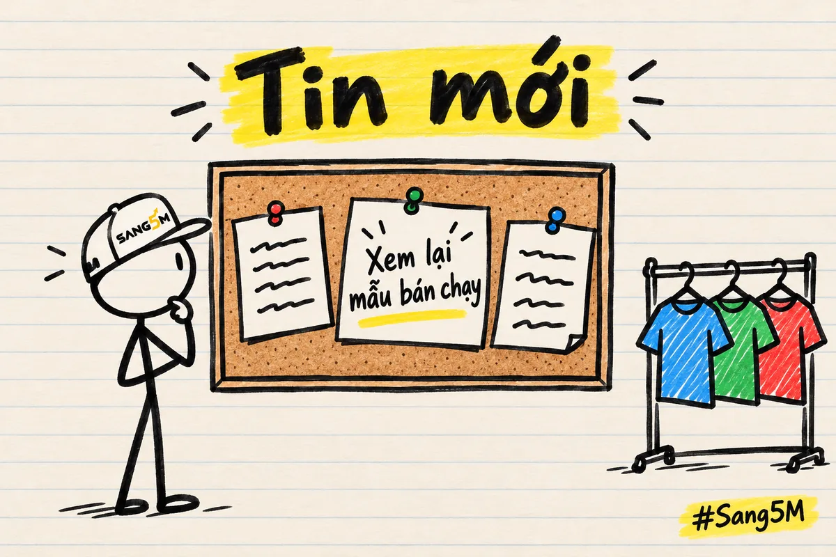 Bảng tin vẽ tay có ba mẩu giấy ghim, kệ áo đặt ở góc, người que đội nón SANG5M đứng đọc và tay chống cằm.