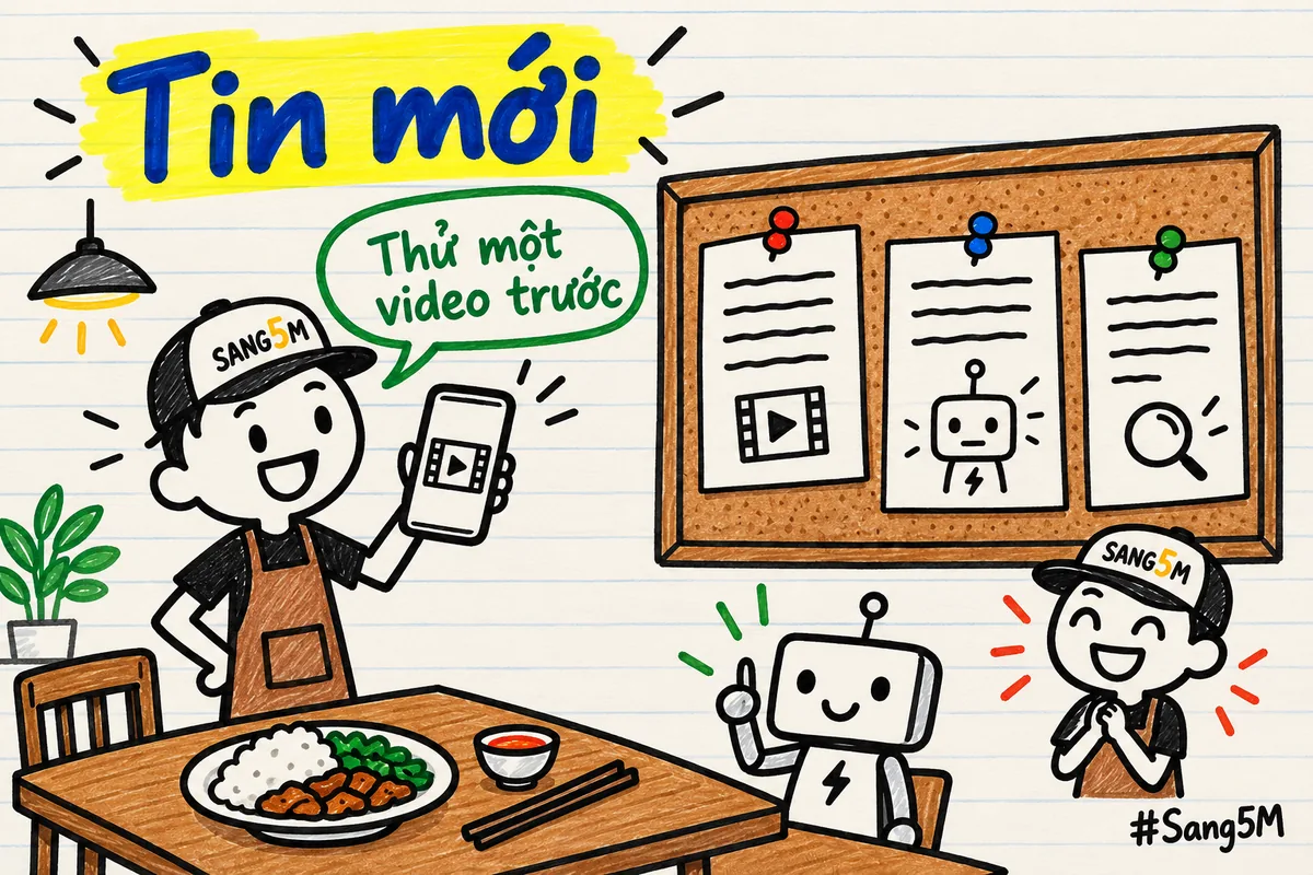 Bảng tin ba mẩu giấy, chủ quán đội nón SANG5M giơ điện thoại có video, robot và một người đội nón cạnh bên, đĩa cơm trên bàn.
