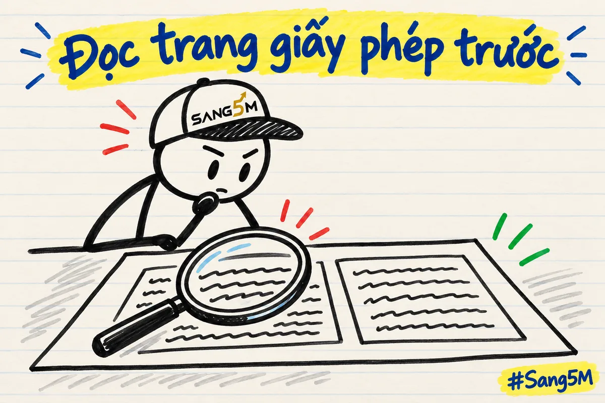 Tờ giấy có hai ô chữ nguệch ngoạc, kính lúp đặt lên trên, người đội nón SANG5M cúi xuống đọc.