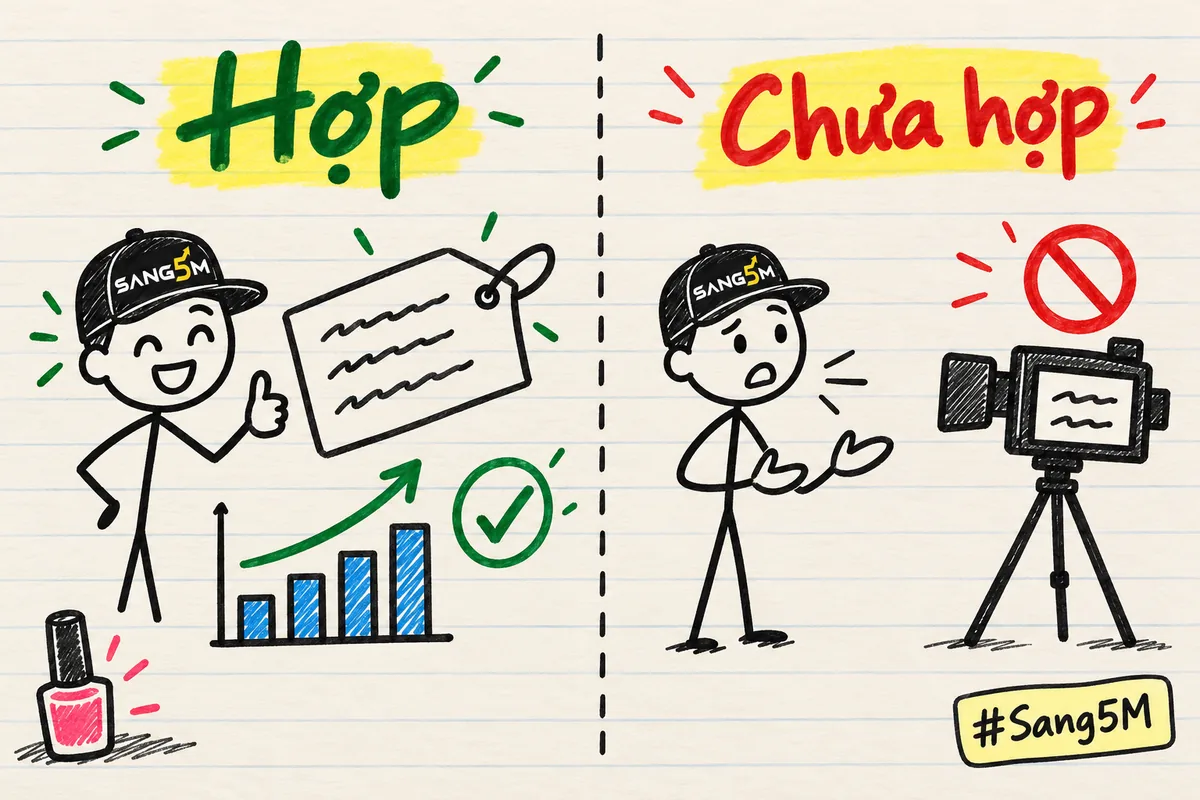 Hai cột vẽ tay: bên hợp có người đội nón SANG5M giơ ngón cái, thẻ giá, biểu đồ, sơn móng; bên chưa hợp có máy quay bị cấm.