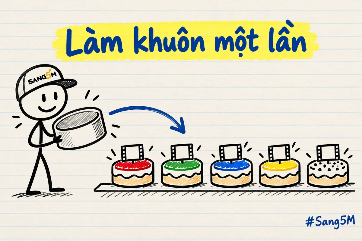 Khuôn bánh vẽ tay đổ ra một hàng bánh khác nhân, mỗi bánh cắm một khung video nhỏ, người đội nón SANG5M cầm khuôn.