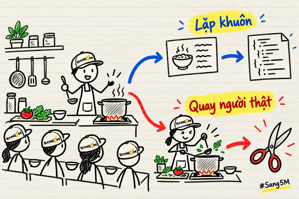 Lớp nấu ăn: cô giáo đội nón SANG5M đứng bếp, mũi tên tới thẻ công thức thành mã lệnh và tới cây kéo, bốn học viên ngồi xem.