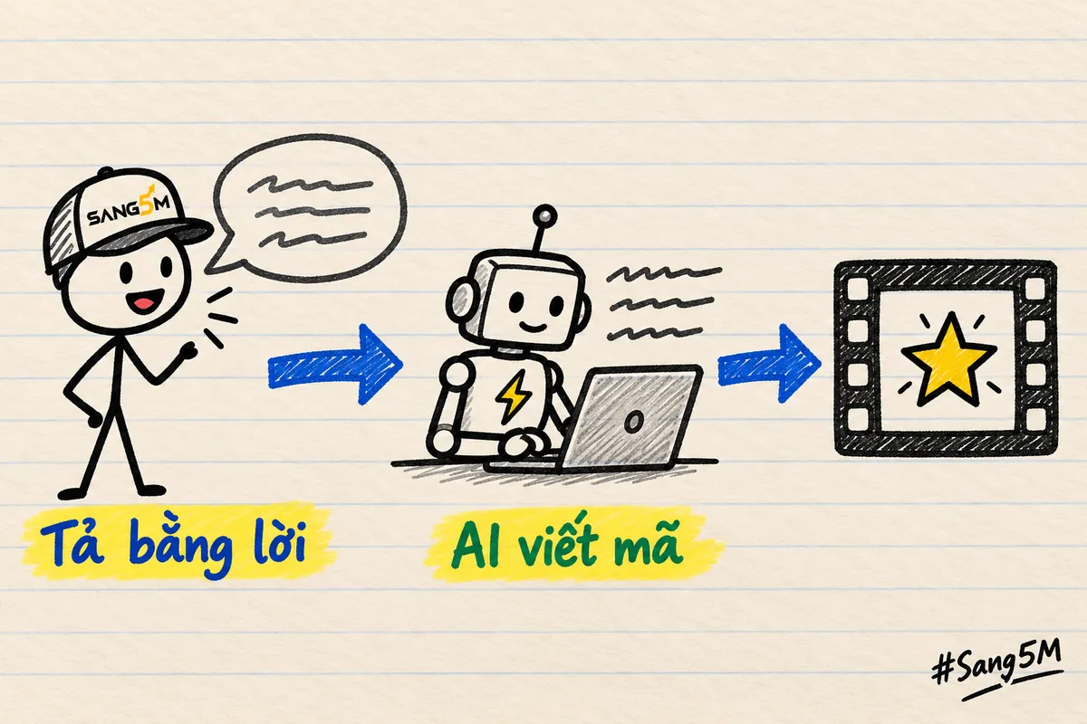 Người đội nón SANG5M nói vào bong bóng lời tả, mũi tên tới robot gõ máy tính, rồi tới một khung video nhỏ.
