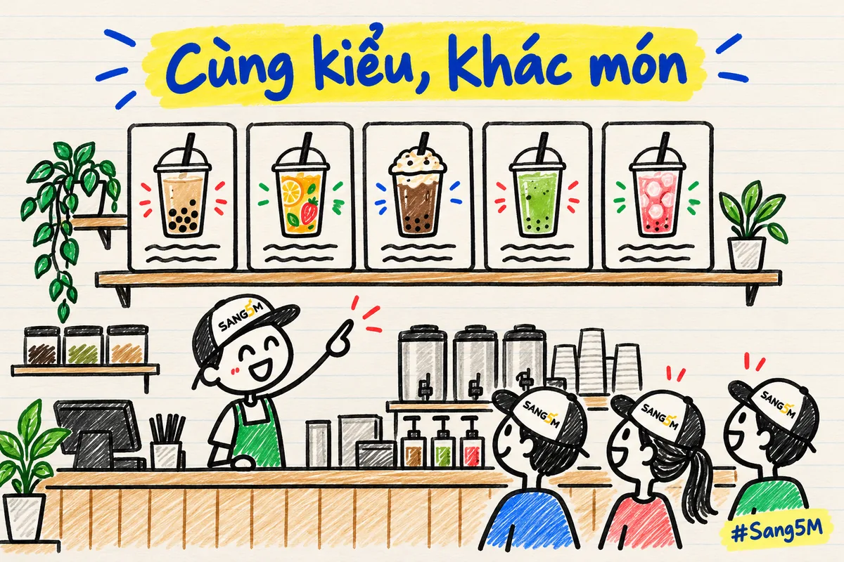 Quầy trà sữa có một dãy thẻ ly nước cùng khung, chủ quán đội nón SANG5M chỉ tay, ba khách đội nón SANG5M đứng xem.