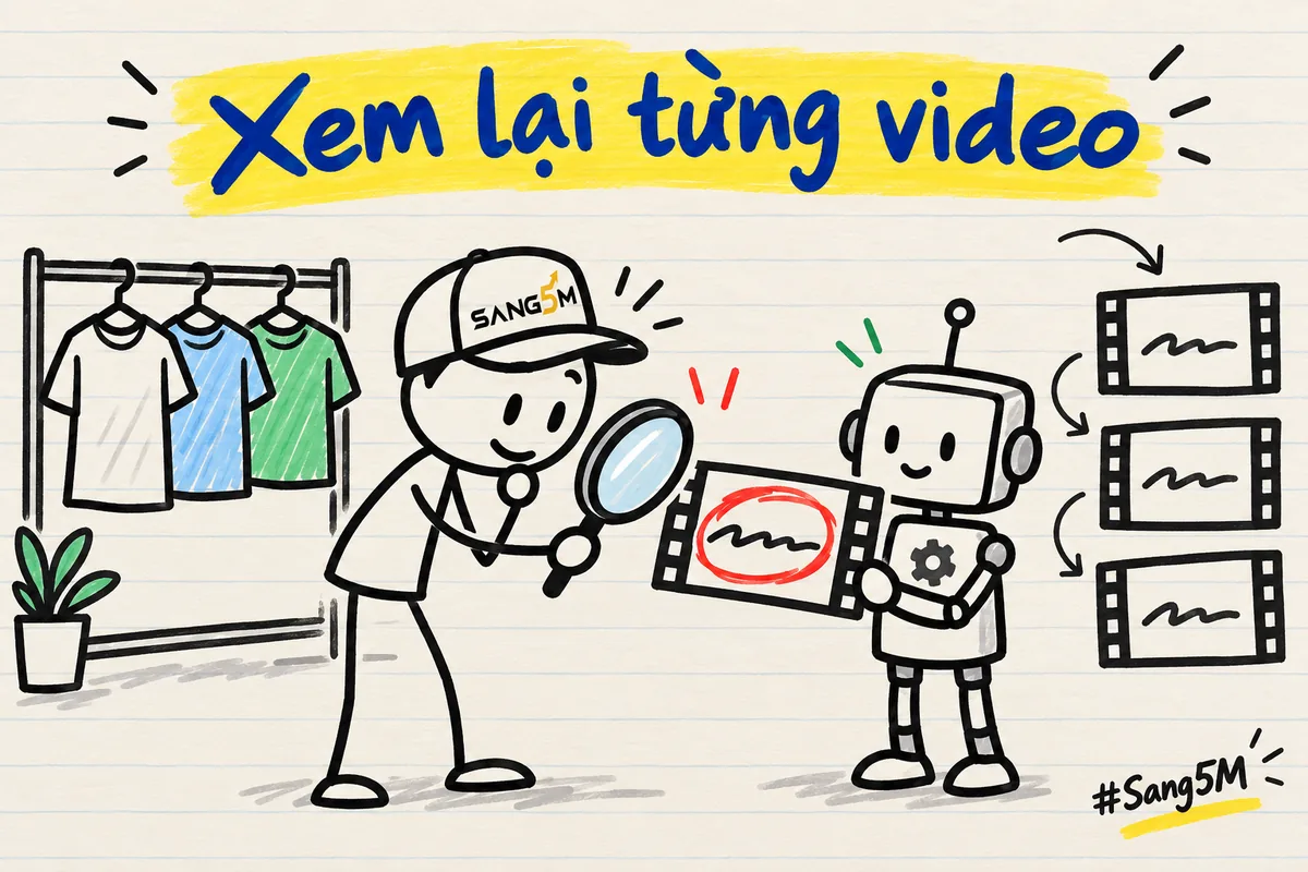 Robot đưa ra một khung video có dòng ngày bị khoanh đỏ, người đội nón SANG5M cầm kính lúp soi, kệ quần áo phía sau.