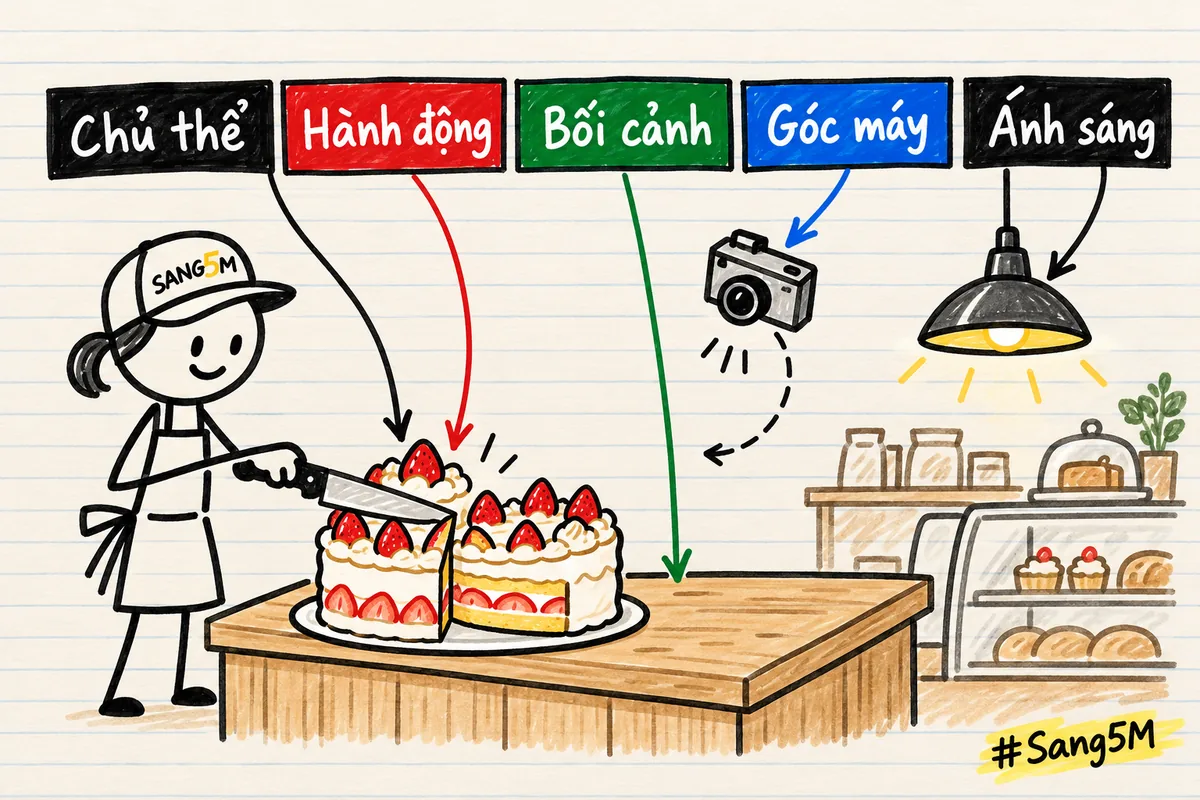 Bánh kem dâu và con dao trên quầy gỗ, câu tả chia năm khúc màu: chủ thể, hành động, bối cảnh, góc máy, ánh sáng.