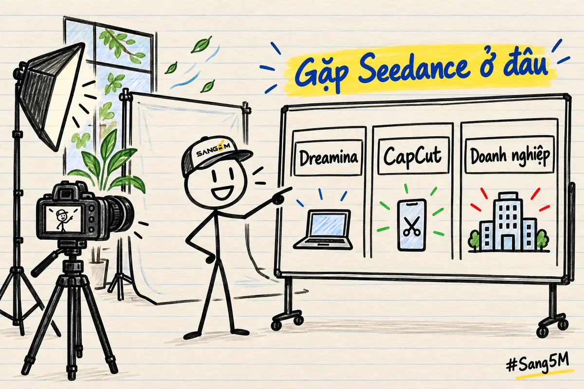 Studio chụp ảnh có máy ảnh trên chân, bảng ba ô Dreamina, CapCut, Doanh nghiệp, trên cùng là dòng chữ Gặp Seedance ở đâu.