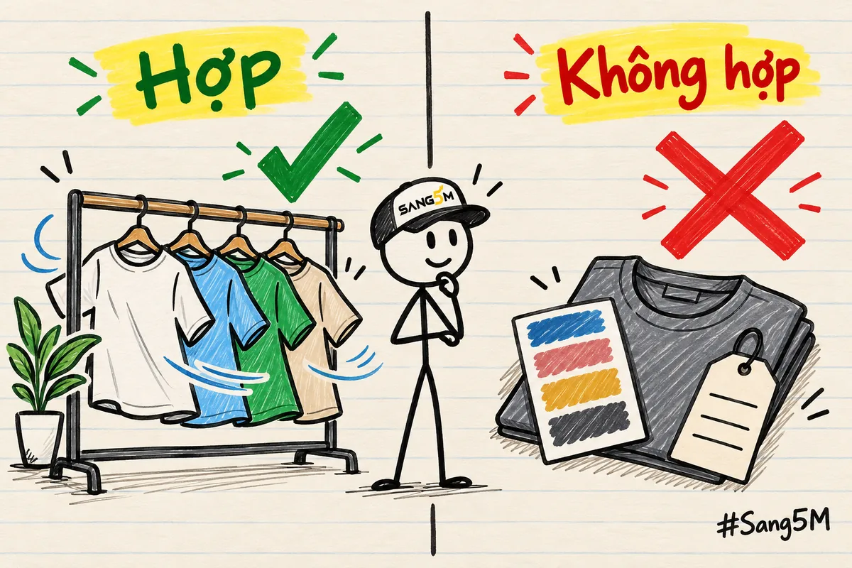 Giá treo quần áo chia hai cột: cột hợp có cảnh gió thổi, cột không hợp có màu vải và nhãn bị gạch đỏ.