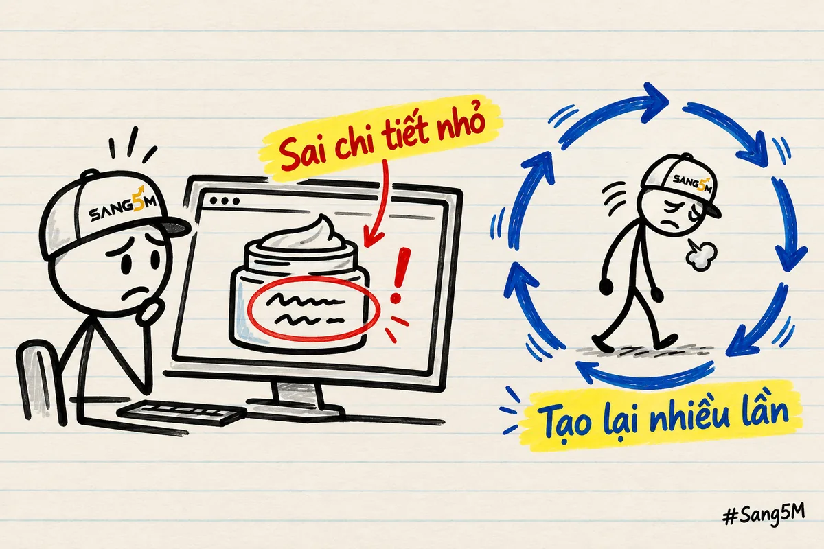 Hũ mỹ phẩm trên màn hình có chữ trên nhãn méo bị khoanh đỏ, bên cạnh vòng mũi tên tạo lại nhiều lần.