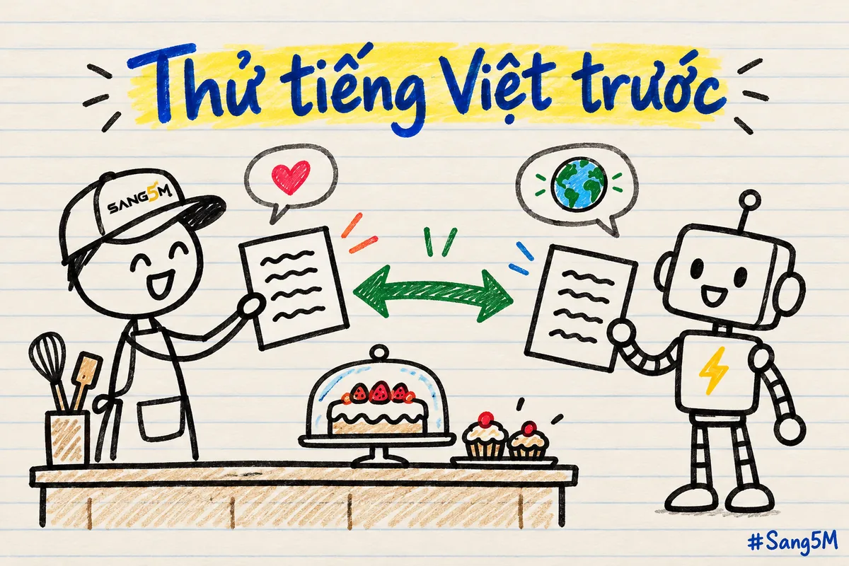 Chủ tiệm bánh đội nón SANG5M và robot trao tờ câu tả qua mũi tên hai chiều, phía trên là dòng chữ Thử tiếng Việt trước.
