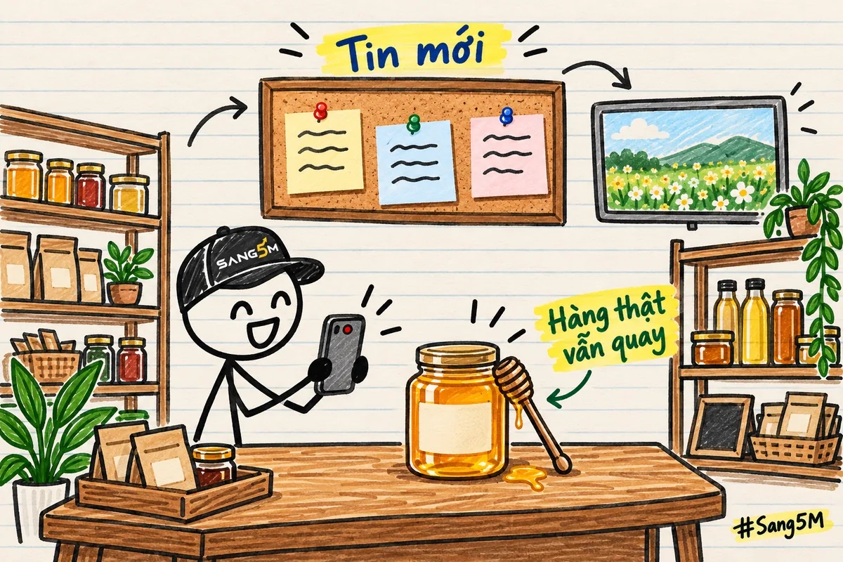 Bảng tin ba mẩu giấy, bên dưới người đội nón SANG5M cầm điện thoại quay hũ mật ong thật, kèm dòng chữ Hàng thật vẫn quay.